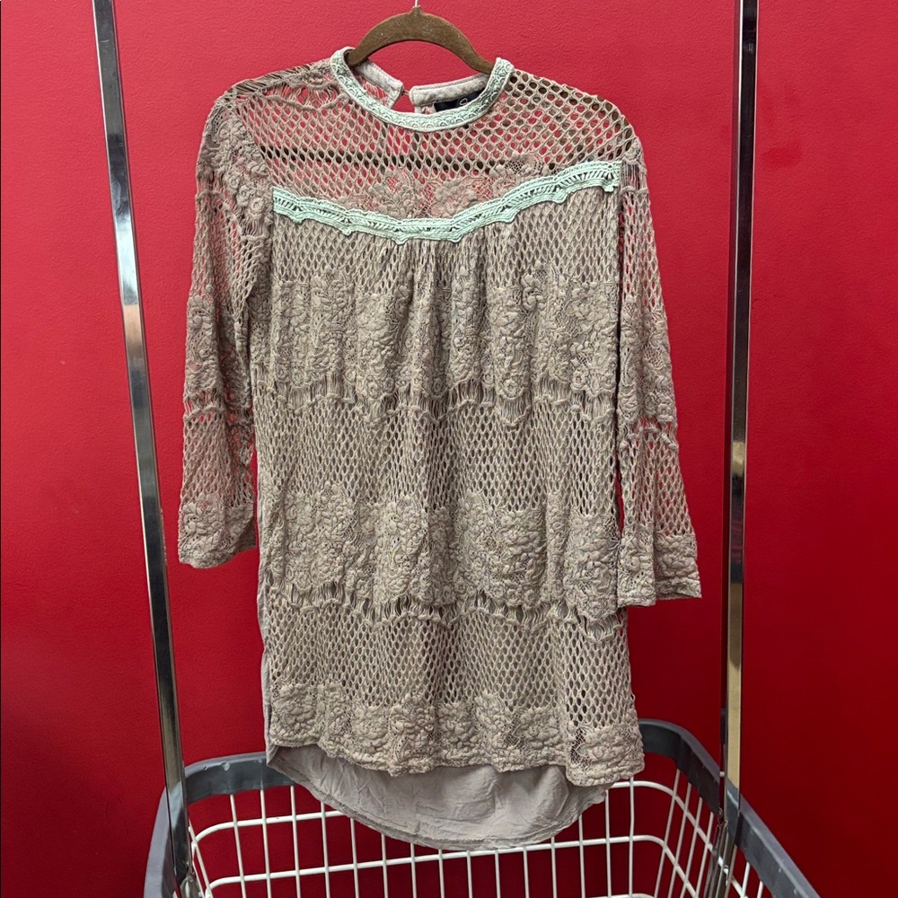 Suzanne Betro Crochet Knit Top in Tan and Green